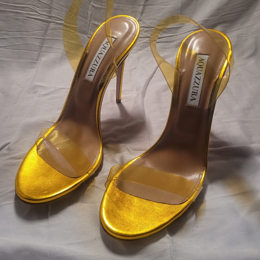 Aquazzura Gold Stiletto Heels with Transparent Strap